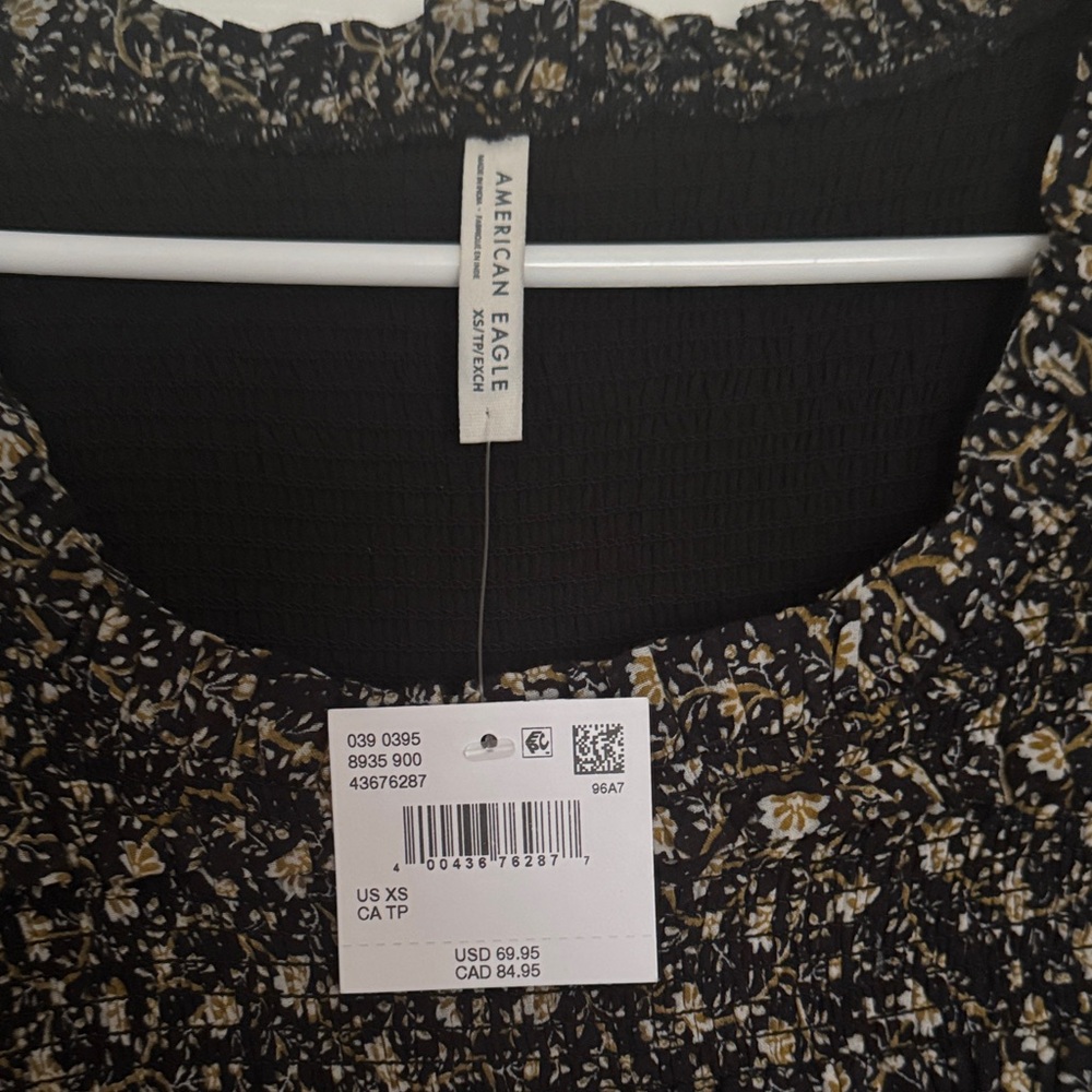 American Eagle Black Floral Smocked Top
